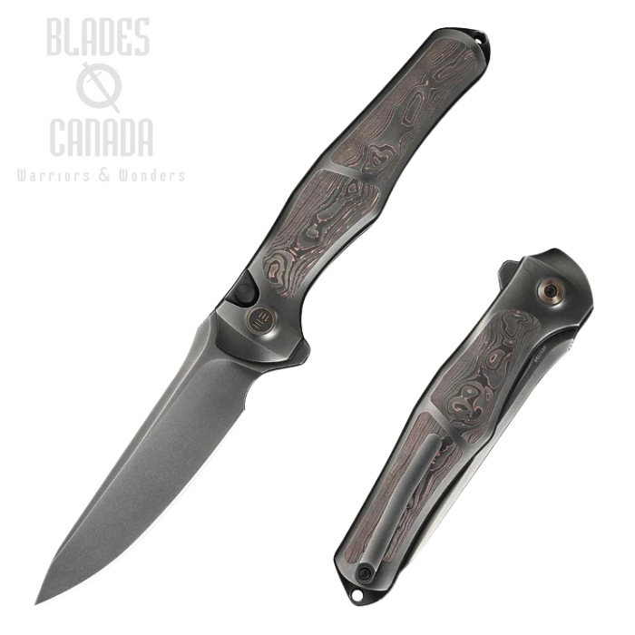 WE Knife 702XI Flipper Button Lock Knife, Ltd Edition, M390 Gray, Integral Titanium Gray/Copper Foil CF, WE07B-3