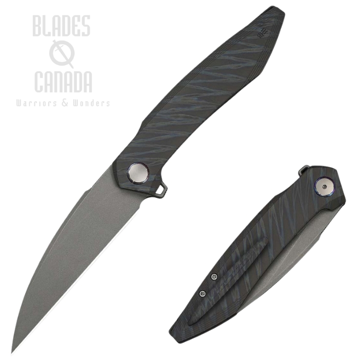 We Knife Fluxor Flipper Folding Knife, M390 Gray SW, Titanium Tiger Flamed, WE23071-3