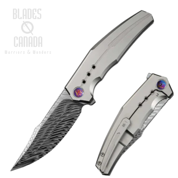 WE Knife Kyklos Flipper Framelock Knife, Damasteel, Titanium Gray, WE23086-DS1