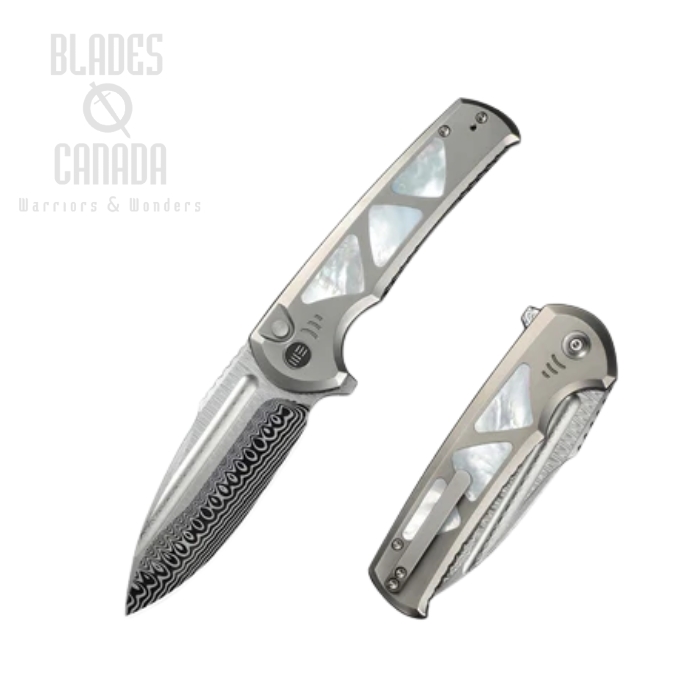 WE Knife Sylox Flipper Button Lock Knife, Damasteel, Titanium Bead Blasted White, WE24027DS1