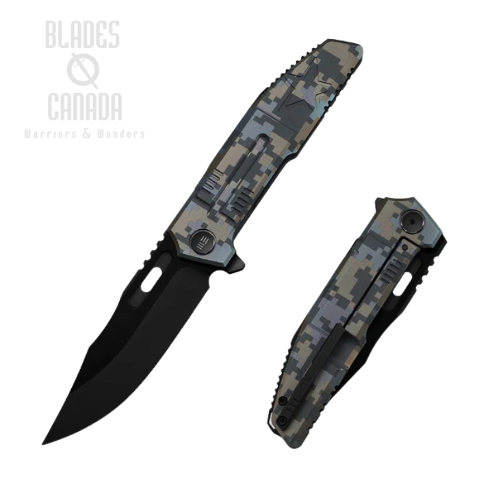 (image for) (PRE-PURCHASE) WE Knife Barracks Flipper Framelock Knife, Limited Edition, M390 Black SW, Titanium Pixel Pattern, WE25078-3