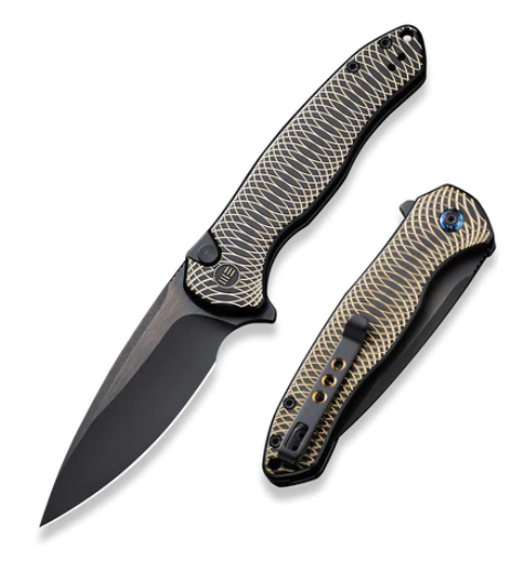 Kitefin Flipper Button Lock Knife, Ltd Edition, CPM 20CV Black, Titanium Golden Ripple, WE19002M-1