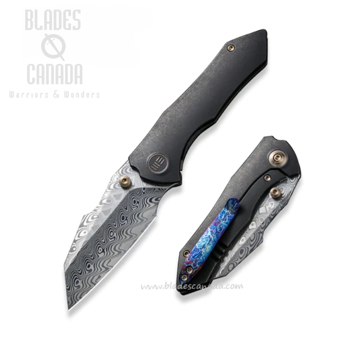 WE Knife High-Fin Framelock Knife, Damasteel, Titanium Black, 22005-DS1