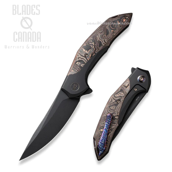 WE Knife Merata Flipper Framelock Knife, Ltd Edition, CPM 20CV Black SW, Titanium/Carbon Fiber Copper Foil, 22008B-1
