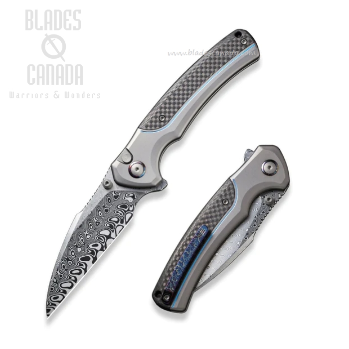 WE Knife Ziffius Flipper Button Lock Knife, Ltd Edition, Damasteel, Titanium/Carbon Fiber, 22024A-DS1