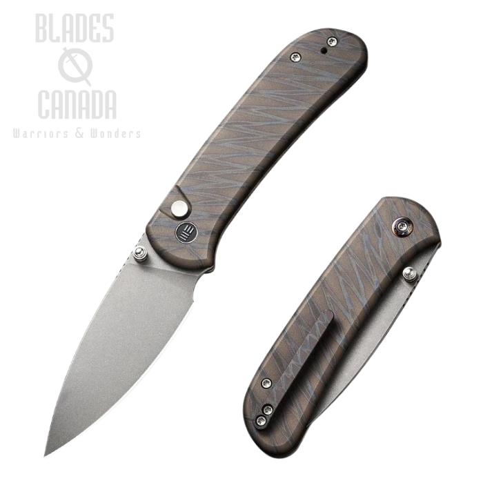 WE Knife Qubit Button Lock Folding Knife, CPM 20CV, Titanium Tiger Stripe, WE22030F-4