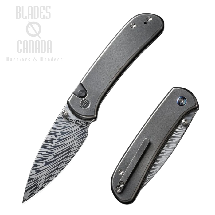 WE Knife Qubit Button Lock Folding Knife, Fafnir Damasteel, Textured Titanium, 22030F-DS1 WE Knife Qubit Button Lock Folding Knife, Fafnir Damasteel, Textured Titanium, 22030F-DS1