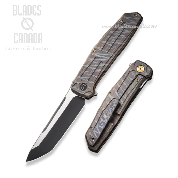 WE Knife Shadowfire Flipper Framelock Knife, CPM 20CV Two-Tone, Flamed Titanium Tiger Stripe, 22035-4