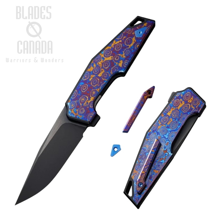 WE Knife OAO Flipper Folding Knife, CPM 20CV Black, Titanium w/Timascus Inlay, 23001-4