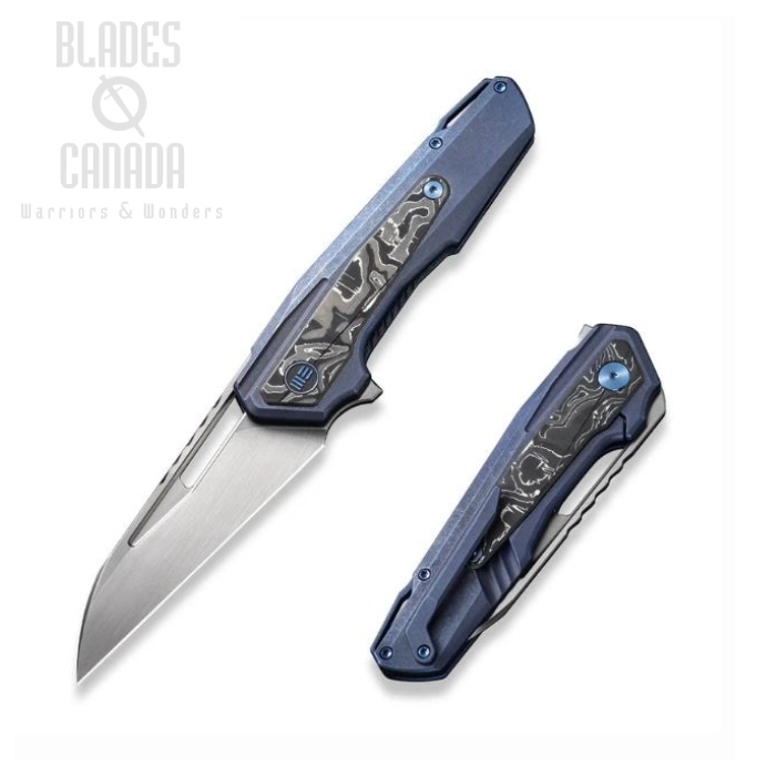 WE Knife Falcaria Flipper Framelock Knife, CPM 20CV Satin, Titanium Blue/Foil CF, WE23012B-3