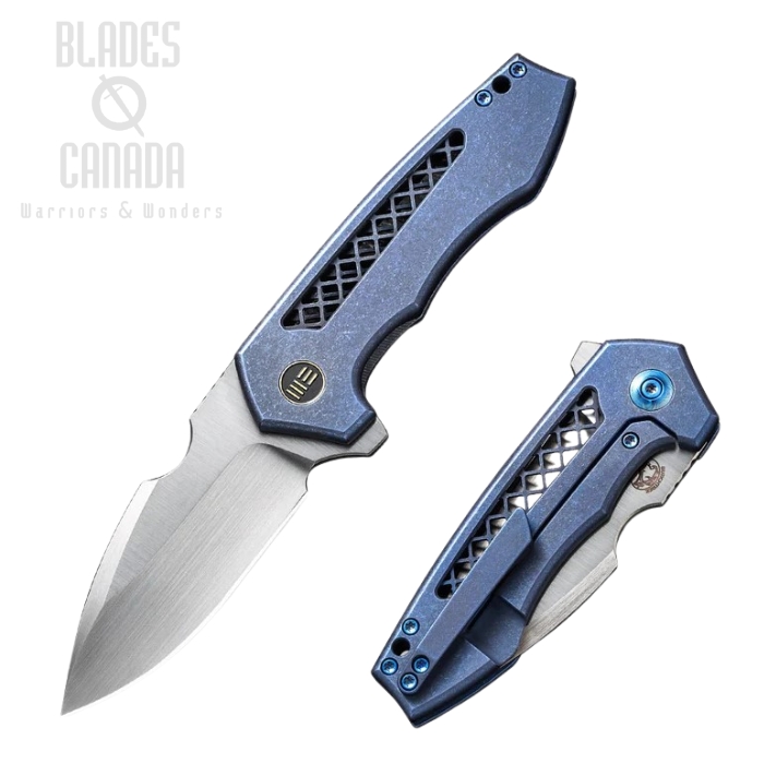 WE Knife Harpen Flipper Folding Knife, CPM 20CV Satin, Titanium Blue, 23019-2