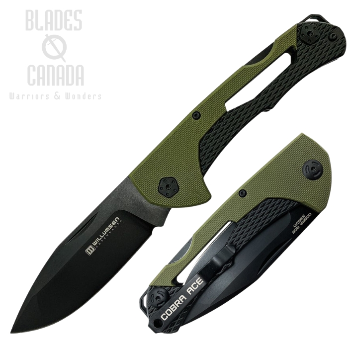 Willumsen Copenhagen Cobra Ace Folding Knife, S35VN Black Ti, G10 OD Green/Stainless Black, WLM003