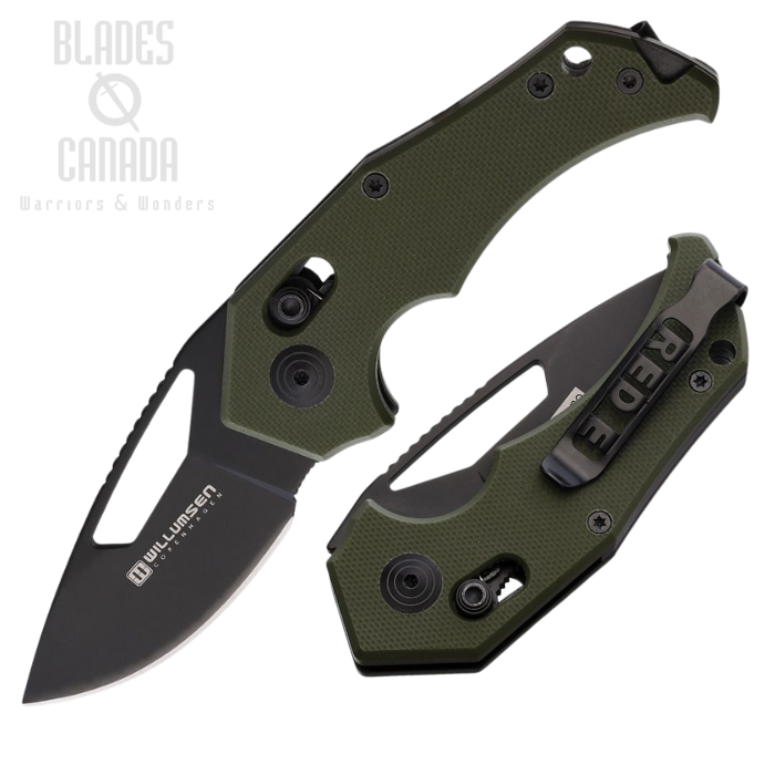 Willumsen Copenhagen Red E Nano Folding Knife, 440C Black, G10 OD Green, WLMRN23NOL