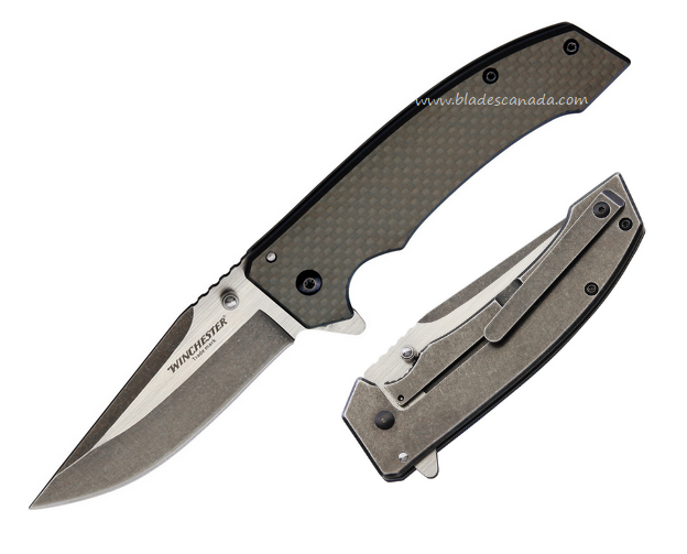 Winchester Flipper Framelock Knife, Assisted Opening, Stainless Two-Tone, Carbon Fiber/G10/Stainless, WR14097