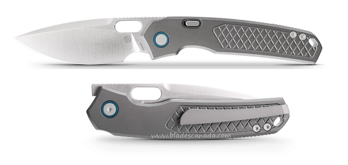 Vosteed Psyop Button Lock Flipper Folding Knife, Elmax Satin, Titanium Grey Patterned, A2202