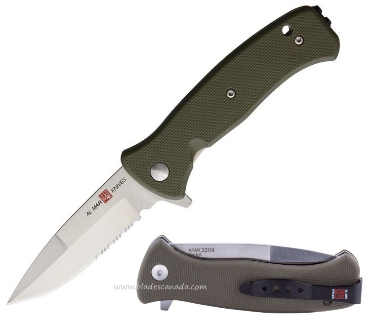 Al Mar Mini SERE 2020 Flipper Folding Knife, Assisted Opening, 8Cr13MoV, FRN OD Green, AMK2209