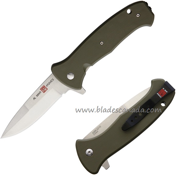 Al Mar SERE 2020 Flipper Folding Knife, Assisted Opening, 8Cr13MoV, FRN OD Green, AMK2210