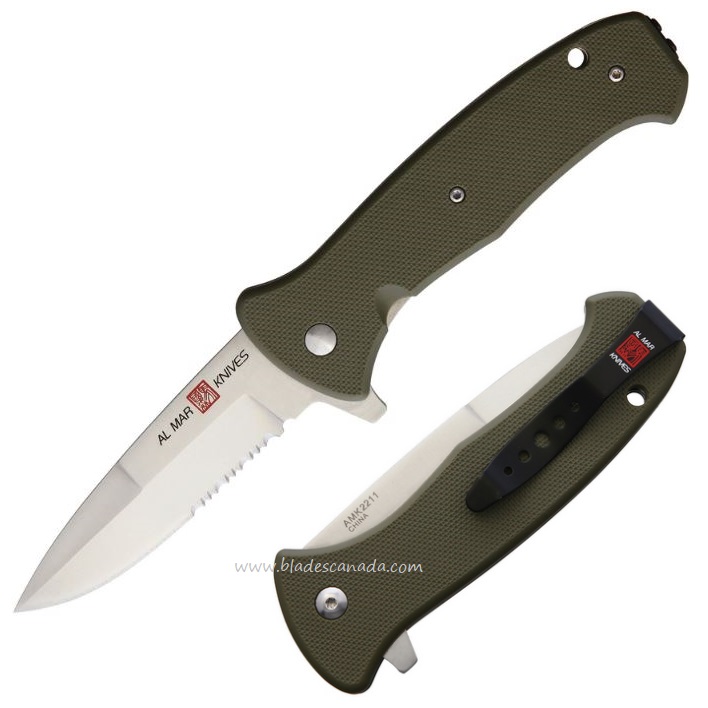 Al Mar SERE 2020 Flipper Folding Knife, Assisted Opening, 8Cr13MoV, FRN OD Green, AMK2211