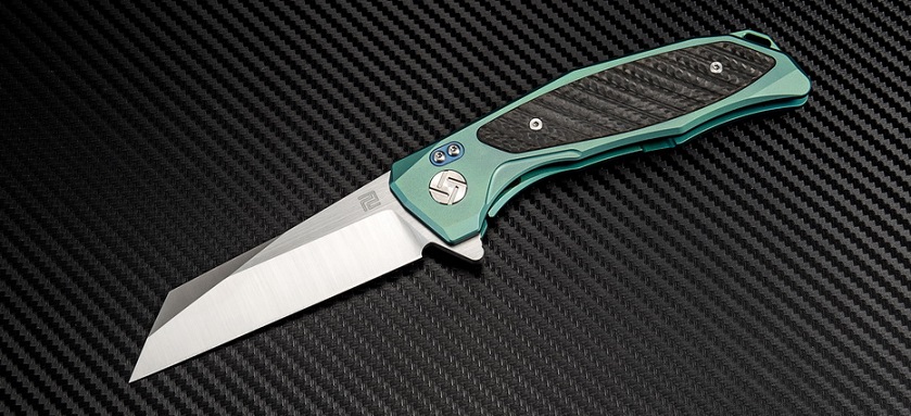 Artisan Megahawk Flipper Framelock Knife, M390, Titanium/CF, 1809GGNM - Click Image to Close