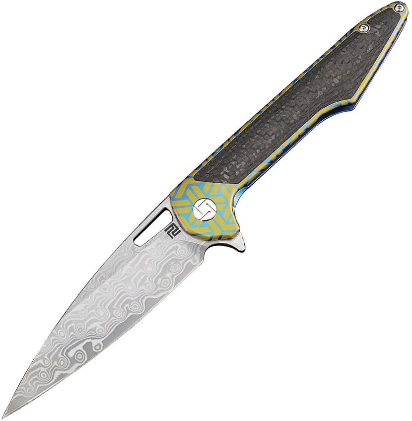 Artisan Cutlery Archaeo Flipper Framelock Knife, Damascus, Titanium/CF, 1821GDBU02