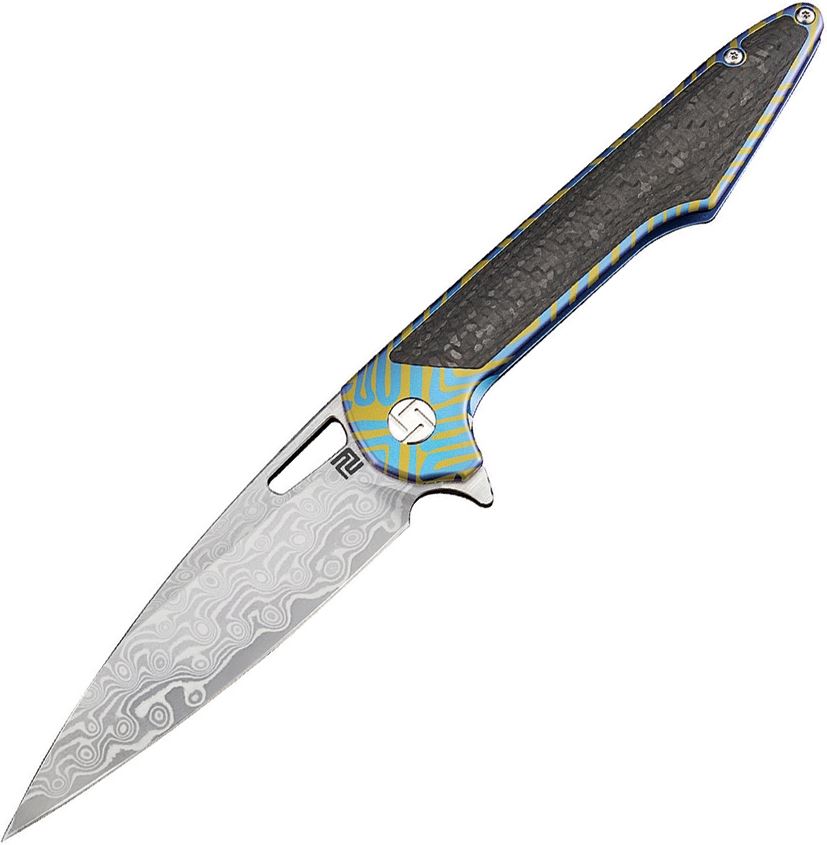 Artisan Cutlery Archaeo Flipper Framelock Knife, Damascus, Titanium/Carbon Fiber, 1821GDBU03