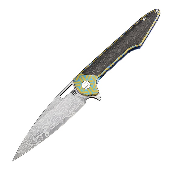 Artisan Cutlery Archaeo Flipper Framelock Knife, Damascus, Titanium/CF, 1821GSDBU02