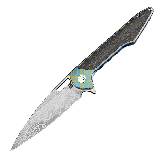 Artisan Cutlery Archaeo Flipper Framelock Knife, Damascus, Titanium/CF, 1821GSDBU03 - Click Image to Close