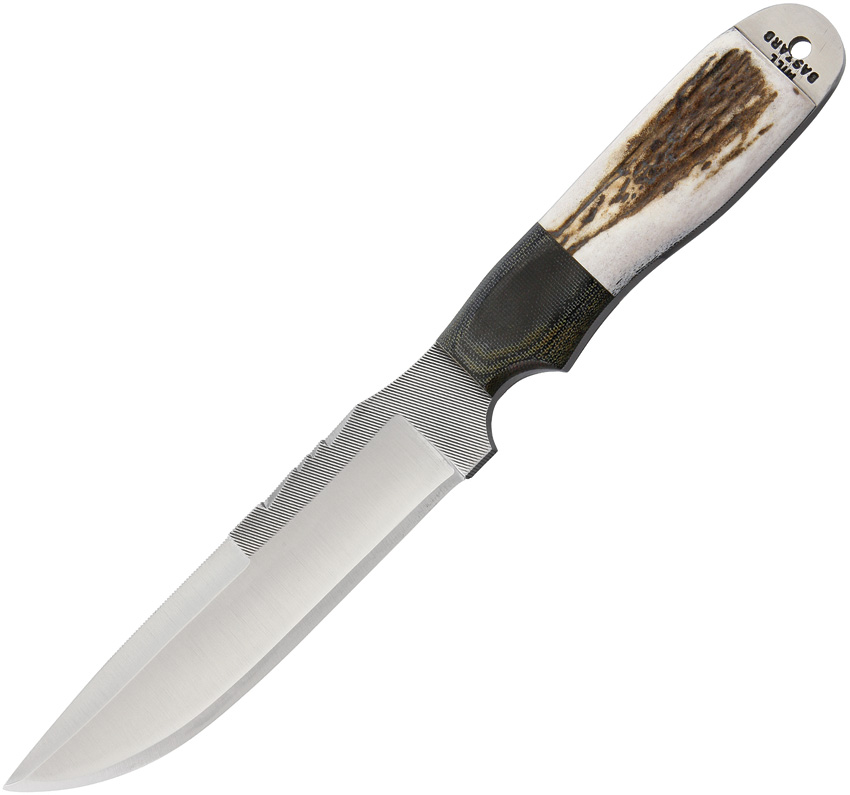 Anza Fixed Blade Knife, Carbon Steel, Elk/ Micarta Black, Leather Sheath, AZDE