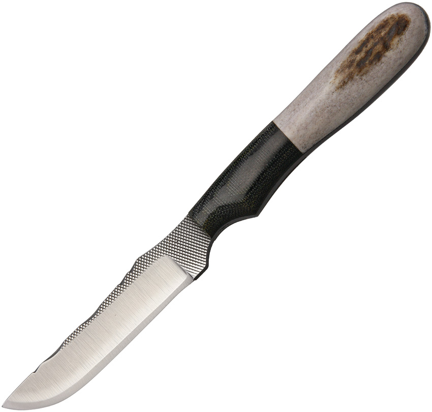 Anza Fixed Blade Knife, Carbon Steel, Elk/Micarta Black, Leather Sheath, AZNKE