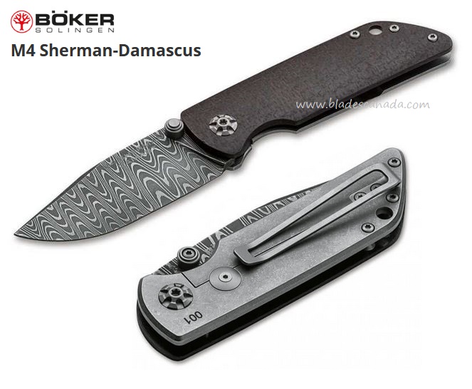 Boker Germany M4 Sherman Damascus Framelock Folding Knife, Burlap Micarta, 110662DAM - Click Image to Close