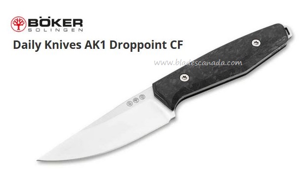 Boker Germany Daily Knives AK1 Fixed Blade Knife, RWL 34 Drop Point, Carbon Fiber, 126502