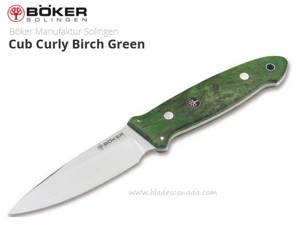 Boker Germany Cub Curly Fixed Blade Knife, N690, Birch Green, Leather Sheath, 128661