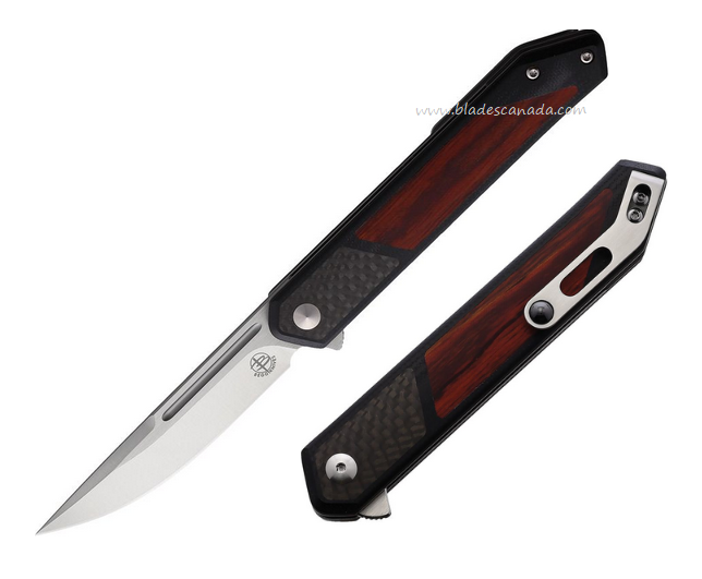 Begg Knives Kwaiken Flipper Folding Knife, D2 Satin, Carbon Fiber/G10 Black/Wood Inlay, BG017