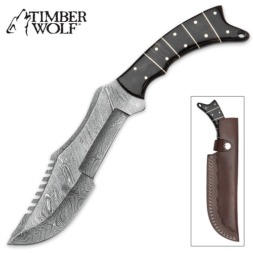 Timber Wolf Damascus Steel Bowie, Buffalo Horn Handle