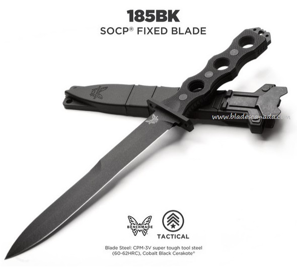 Benchmade SOCP 185 Fixed Blade Knife, CPM-3V Steel, G10 Black, BM185BK