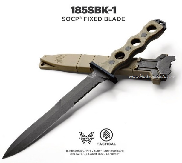 Benchmade SOCP 185 Fixed Blade Knife, CPM-3V Steel, G10 Tan, 185SBK-1