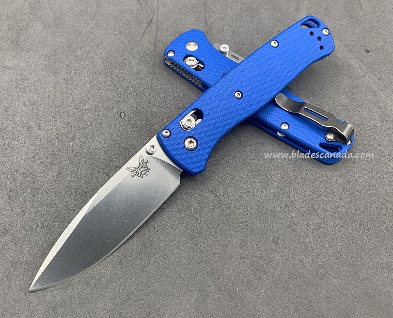 Benchmade Bugout Folding Knife, 20CV, Blue G10, Satin Thumbstud & Standoffs, 535CU107