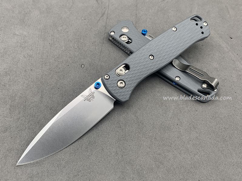 Benchmade Bugout Folding Knife, 20CV, Grey G10, Blue Thumbstud & Standoffs, 535CU111