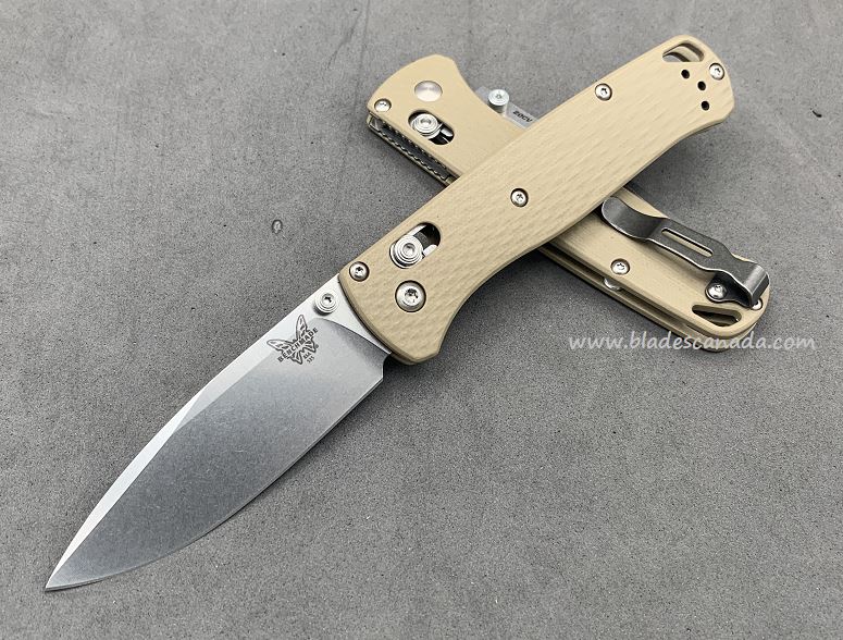 Benchmade Bugout Folding Knife, 20CV, G10 Tan, Satin Thumbstud & Standoffs, 535CU124 - Click Image to Close