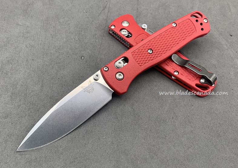 Benchmade Bugout Folding Knife, 20CV, Red Handle, Satin Thumbstud & Standoffs, 535CU14