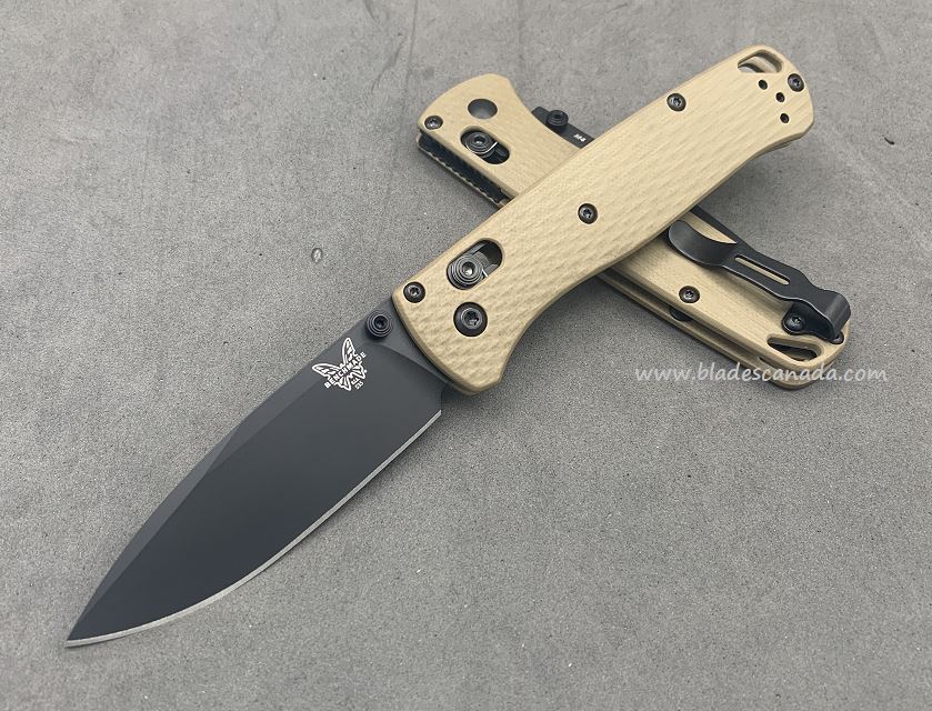 Benchmade Bugout Folding Knife, M4 Steel, Tan G10, Black Thumbstud & Standoffs, 535CU141