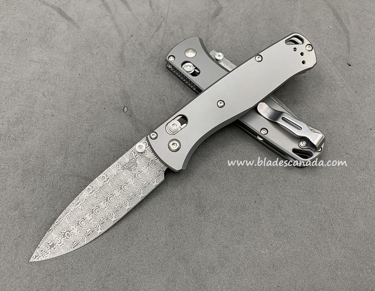 Benchmade Bugout Customized Folder, Damascus, Titanium, Satin Thumbstud & Standoffs, 535CU226