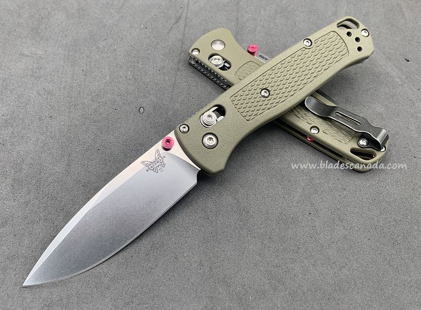 Benchmade Bugout Folding Knife, 20CV, Ranger Green Handle, Pink Thumbstud & Standoffs, 535CU23