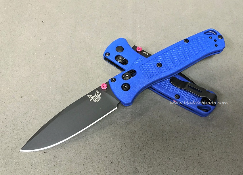 Benchmade Bugout Folding Knife, 20CV, Blue Handle, Pink Thumbstud & Standoffs, 535CU47