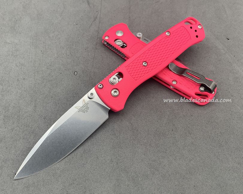 Benchmade Bugout Folding Knife, 20CV, Hot Pink Handle, Satin Thumbstud & Standoffs, 535CU50 - Click Image to Close