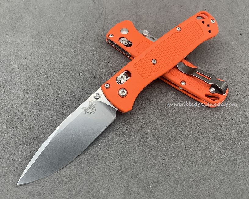 Benchmade Bugout Folding Knife, 20CV, Orange Handle, Satin Thumbstud & Standoffs, 535CU71 - Click Image to Close