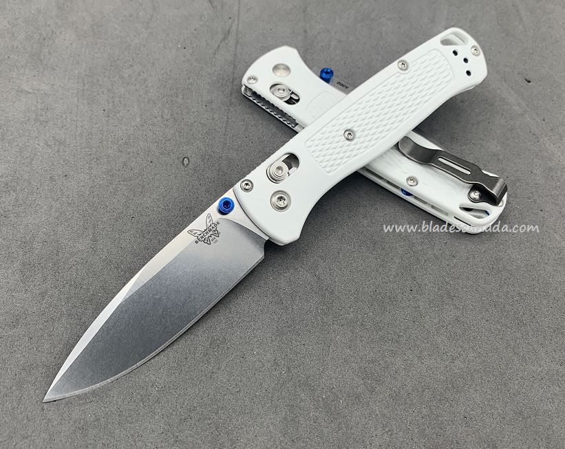 Benchmade Bugout Folding Knife, 20CV, White Handle, Blue Thumbstud & Standoffs, 535CU76