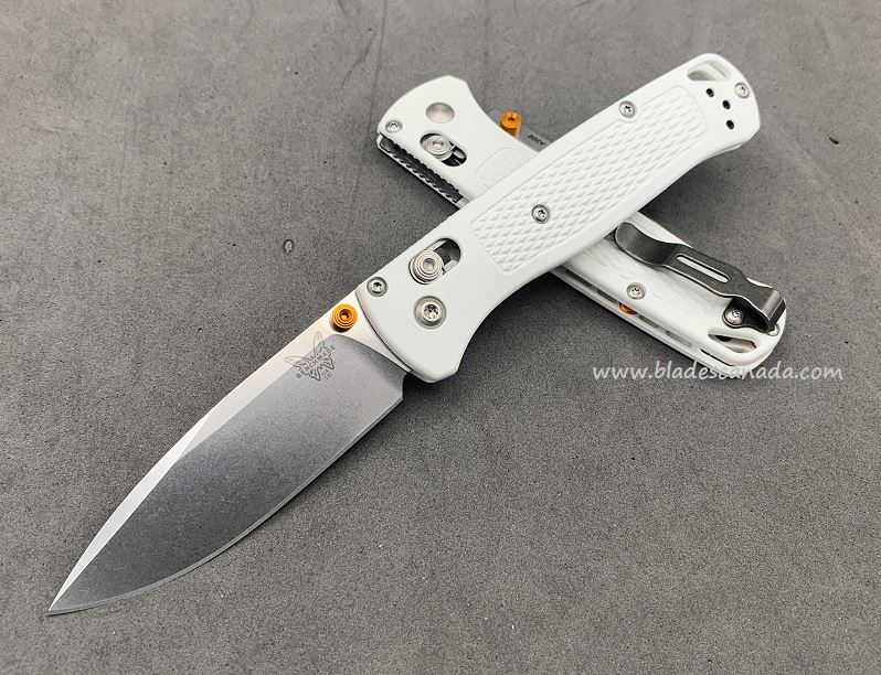 Benchmade Bugout Folding Knife, 20CV, White Handle, Orange Thumbstud & Standoffs, 535CU79