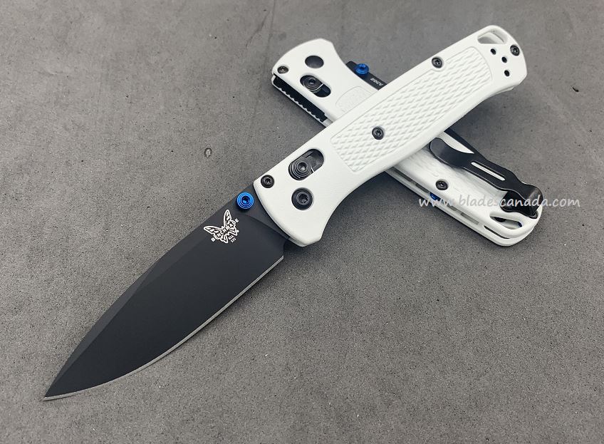 Benchmade Bugout Folding Knife, 20CV, White Handle, Blue Thumbstud & Standoffs, 535CU82