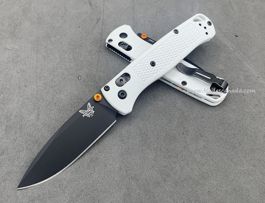 Benchmade Bugout Folding Knife, 20CV, White Handle, Orange Thumbstud & Standoffs, 535CU86